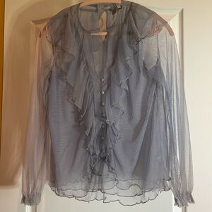 💜Bl^nk Toile button down see thru ruffle blouse periwinkle small P2P 17 💜 NWOT
